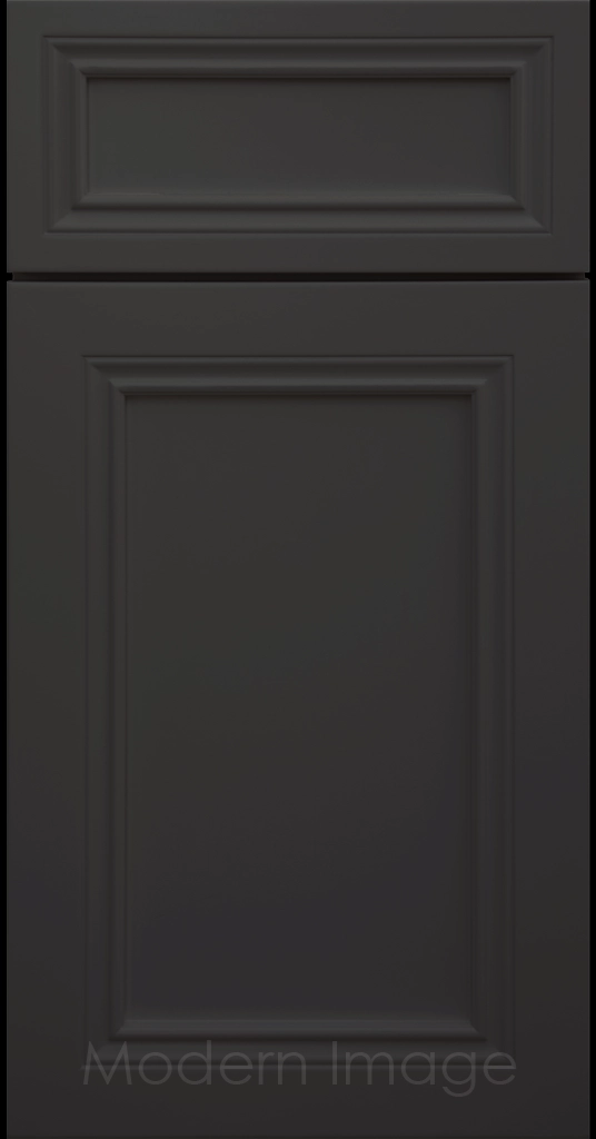 Close-up of Corona cabinets in Midnight Sun with mitered molding and flat center panel.